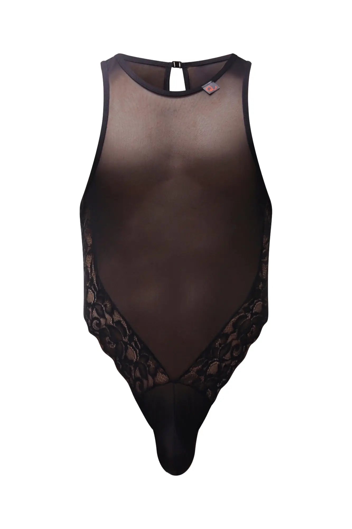 PetitQ bodysuit Murol black sheer mesh with intricate lace trim along sides and back clasp shown from back side