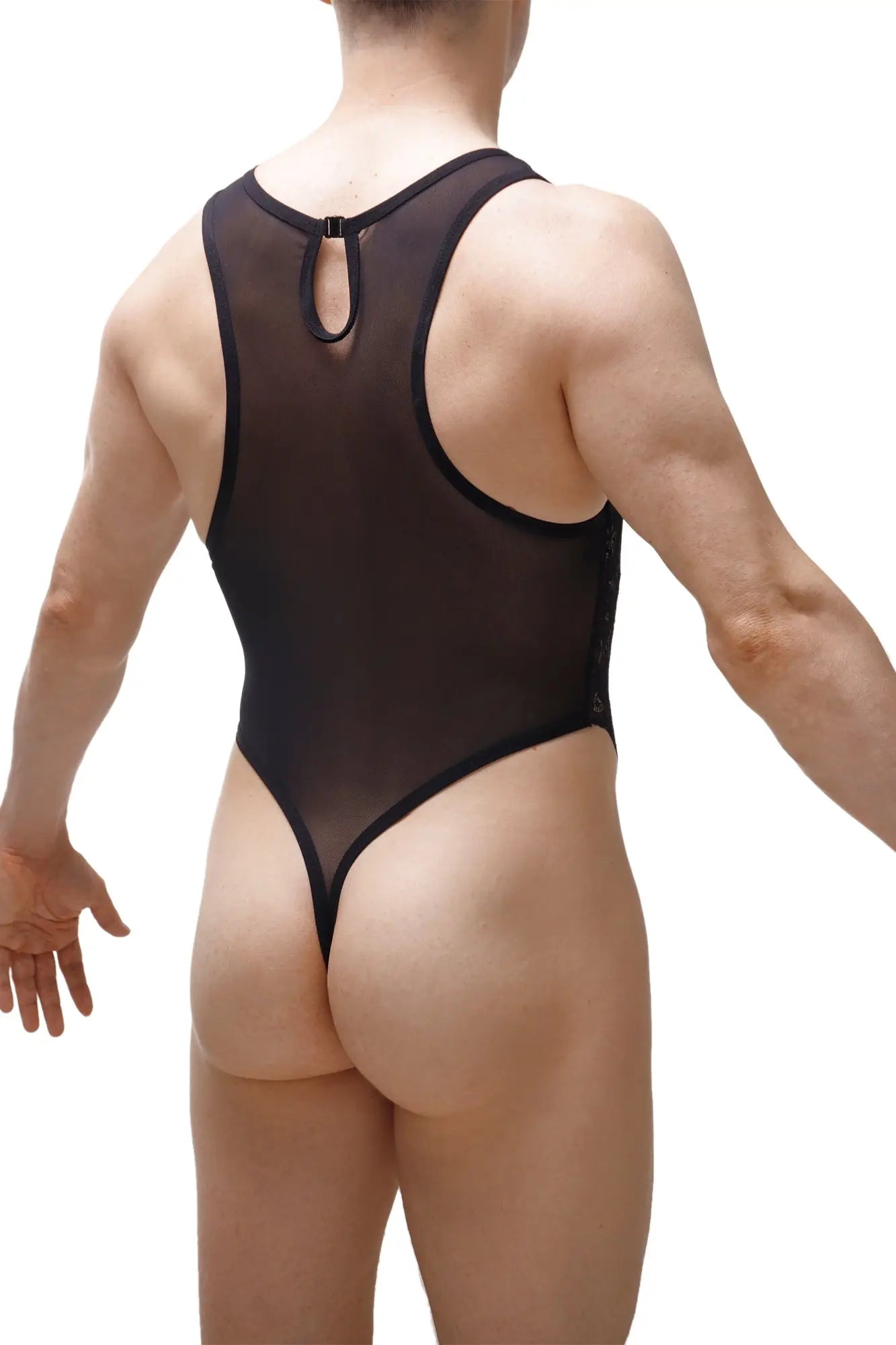 PetitQ bodysuit Murol black sheer mesh one-piece swimsuit with black trim and back zipper closure shown from the back