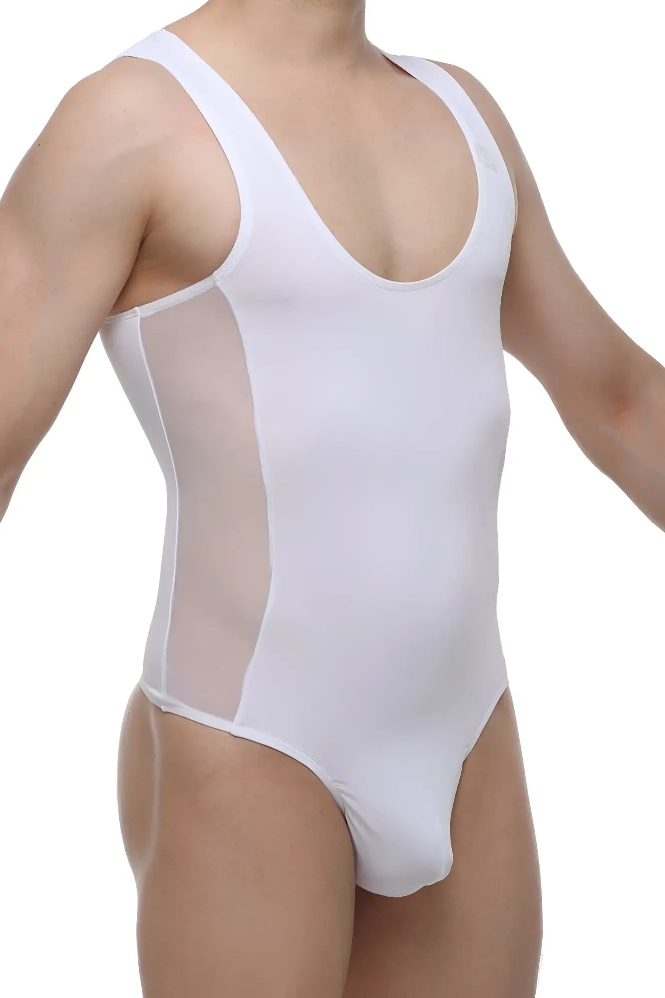 PetitQ bodysuit Raix white one-piece swimsuit with sheer mesh panels on the sides for stylish swimwear look