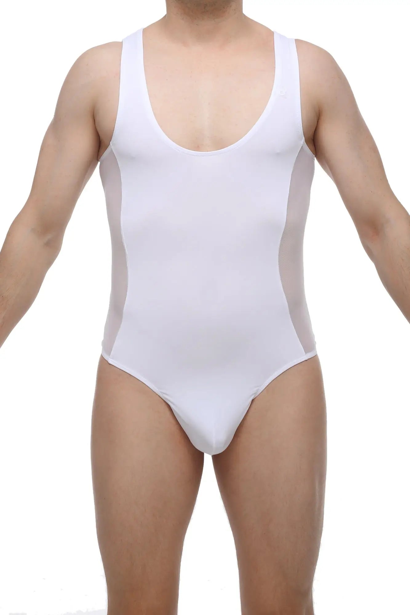 White PetitQ bodysuit one-piece swimsuit with sheer side panels for stylish swimwear looks