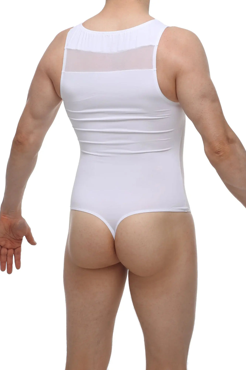 PetitQ bodysuit Raix white sleeveless form-fitting with sheer mesh panel on upper back shown from back side
