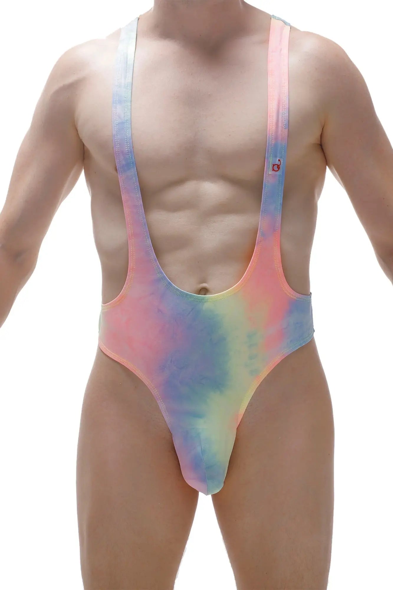 Vibrant tie-dye petitq bodysuit thong lepuil matala one-piece swimsuit with high-cut leg and wide shoulder straps in pink blue yellow and green