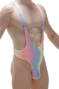PetitQ bodysuit thong Lepuil Matala vibrant tie-dye one-piece swimsuit with plunging neckline and pastel pink blue yellow hues