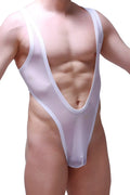 PetitQ bodysuit thong lepuil net white sheer one-piece swimsuit with thin straps and a deep v-neckline