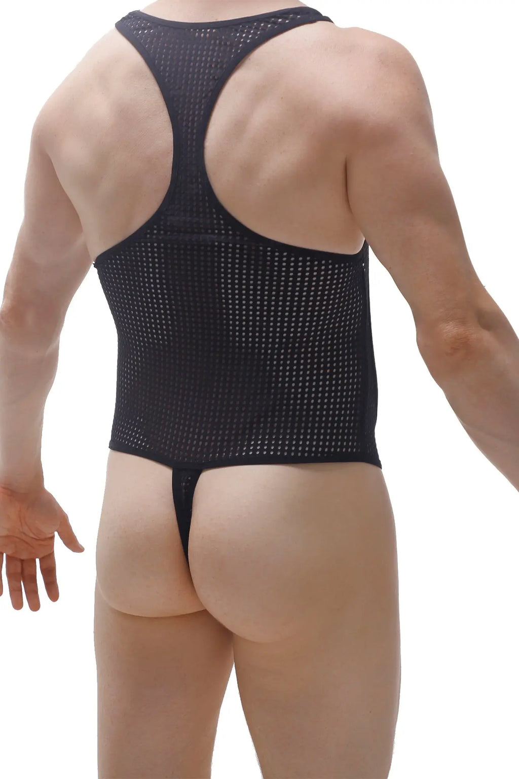 Black mesh athletic one-piece bodysuit with racerback design and thong bottom PetitQ Bodysuit Thong Medis Durtol Black back view