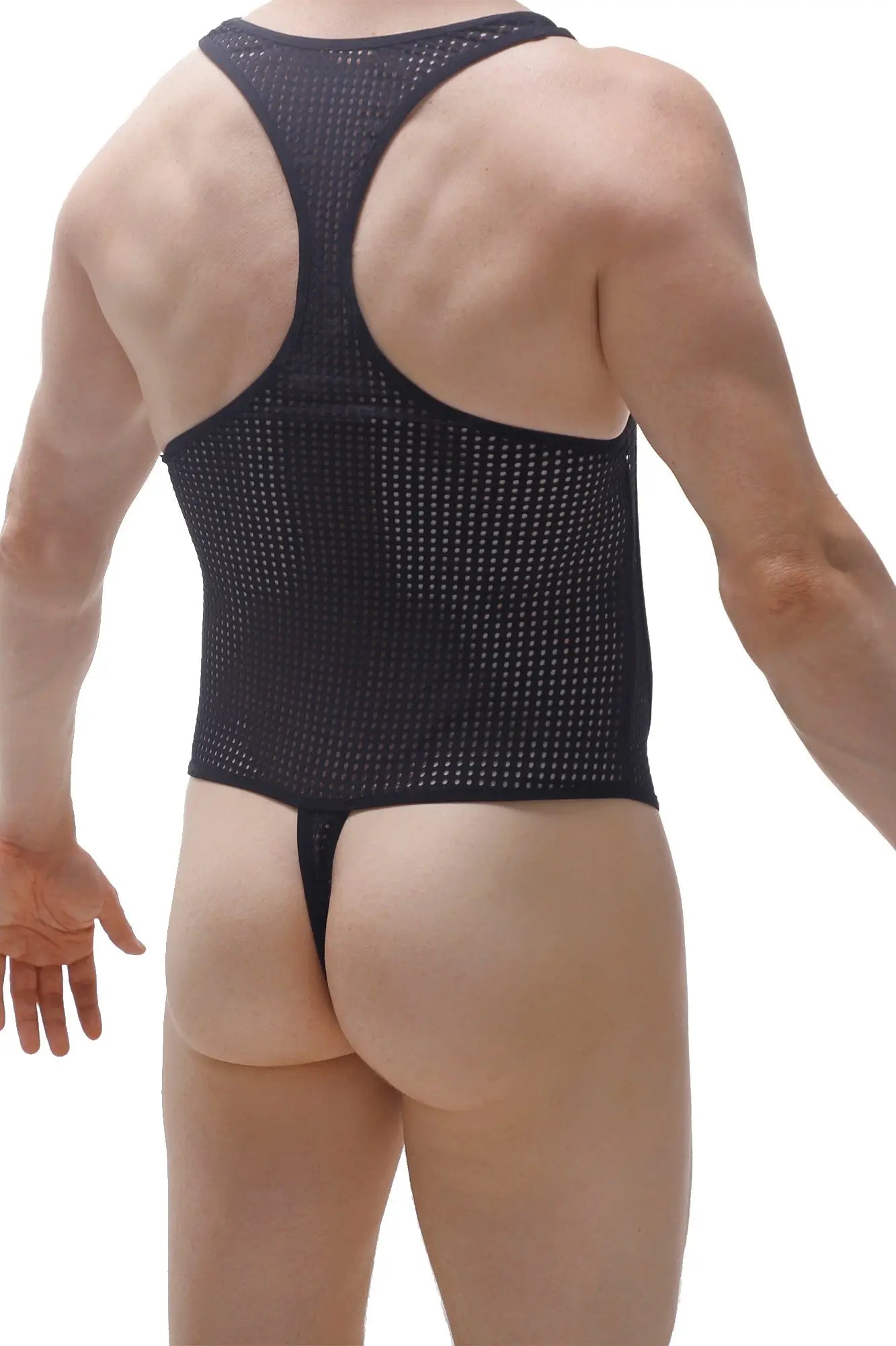 Black mesh athletic one-piece bodysuit with racerback design and thong bottom PetitQ Bodysuit Thong Medis Durtol Black back view