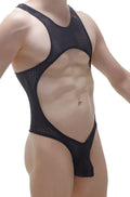 Black mesh one-piece swimsuit with cutout design and thong back from petitq bodysuit medis durtol black collection