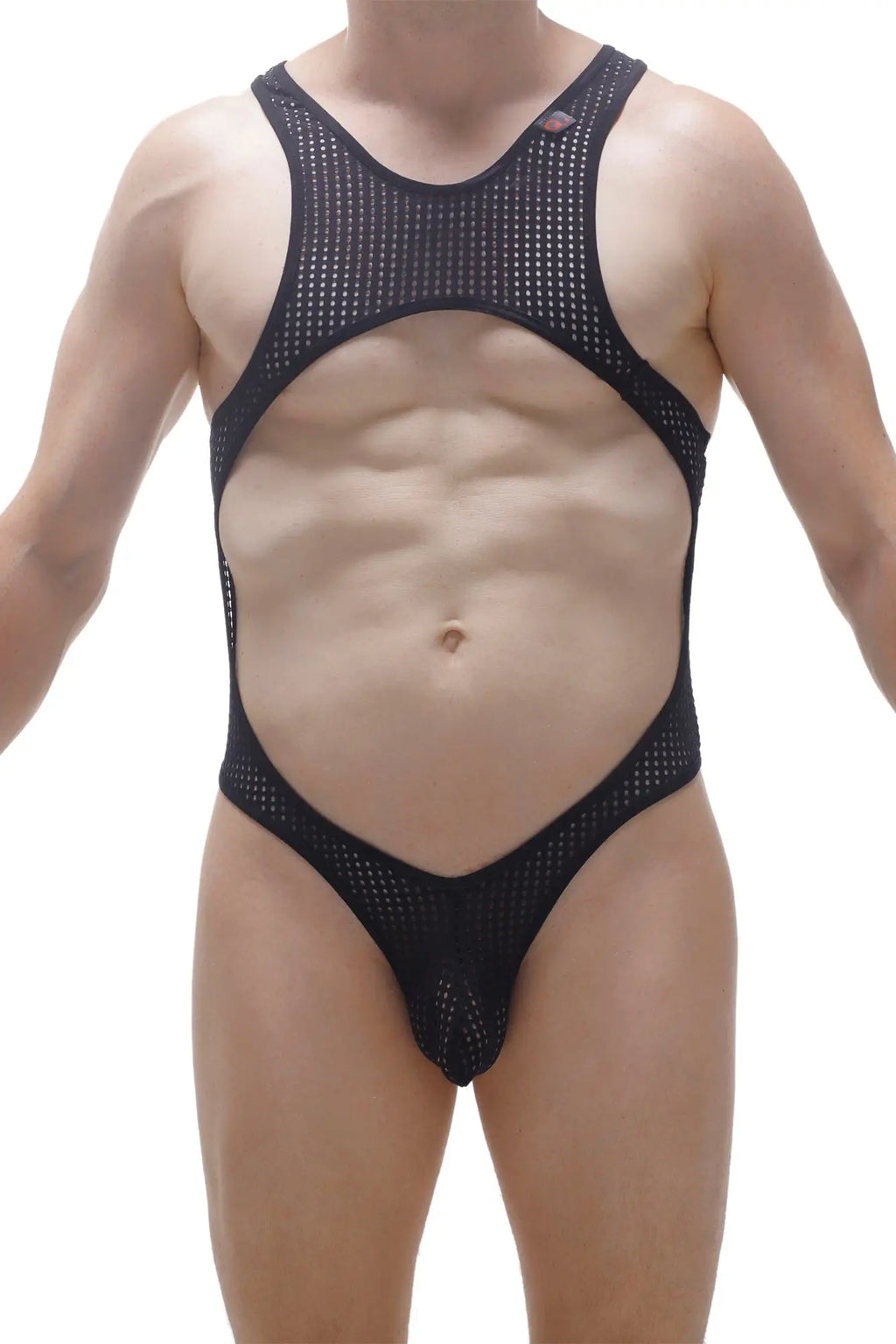 Black mesh one-piece PetitQ bodysuit thong swimsuit with cutout design around torso and legs in Durtol black color