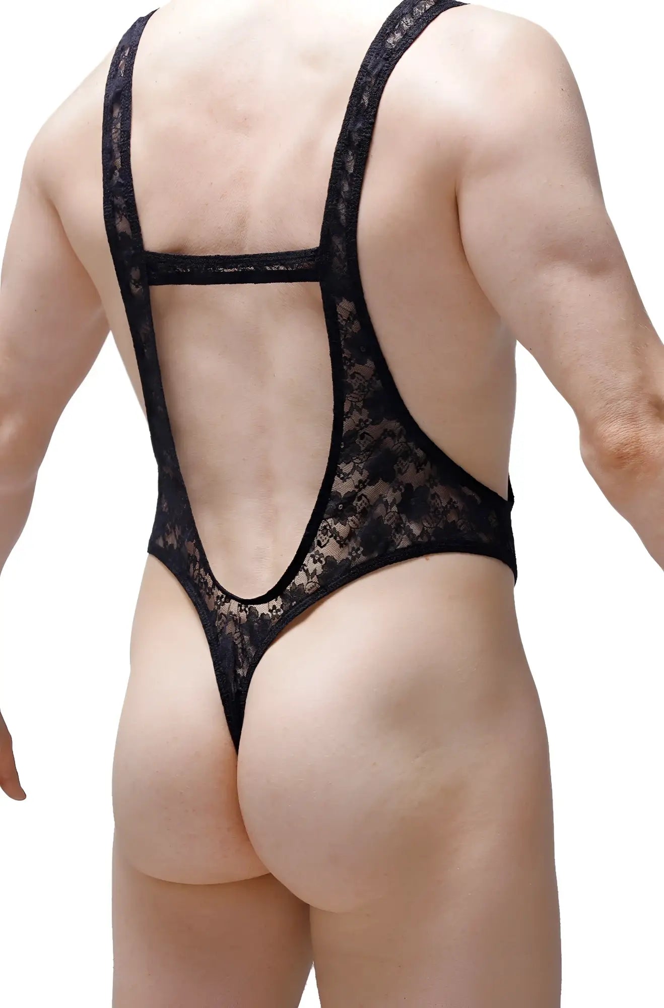 Black lace bodysuit petitq bodythong aunou lace black with backless open design and thin straps shown from back side