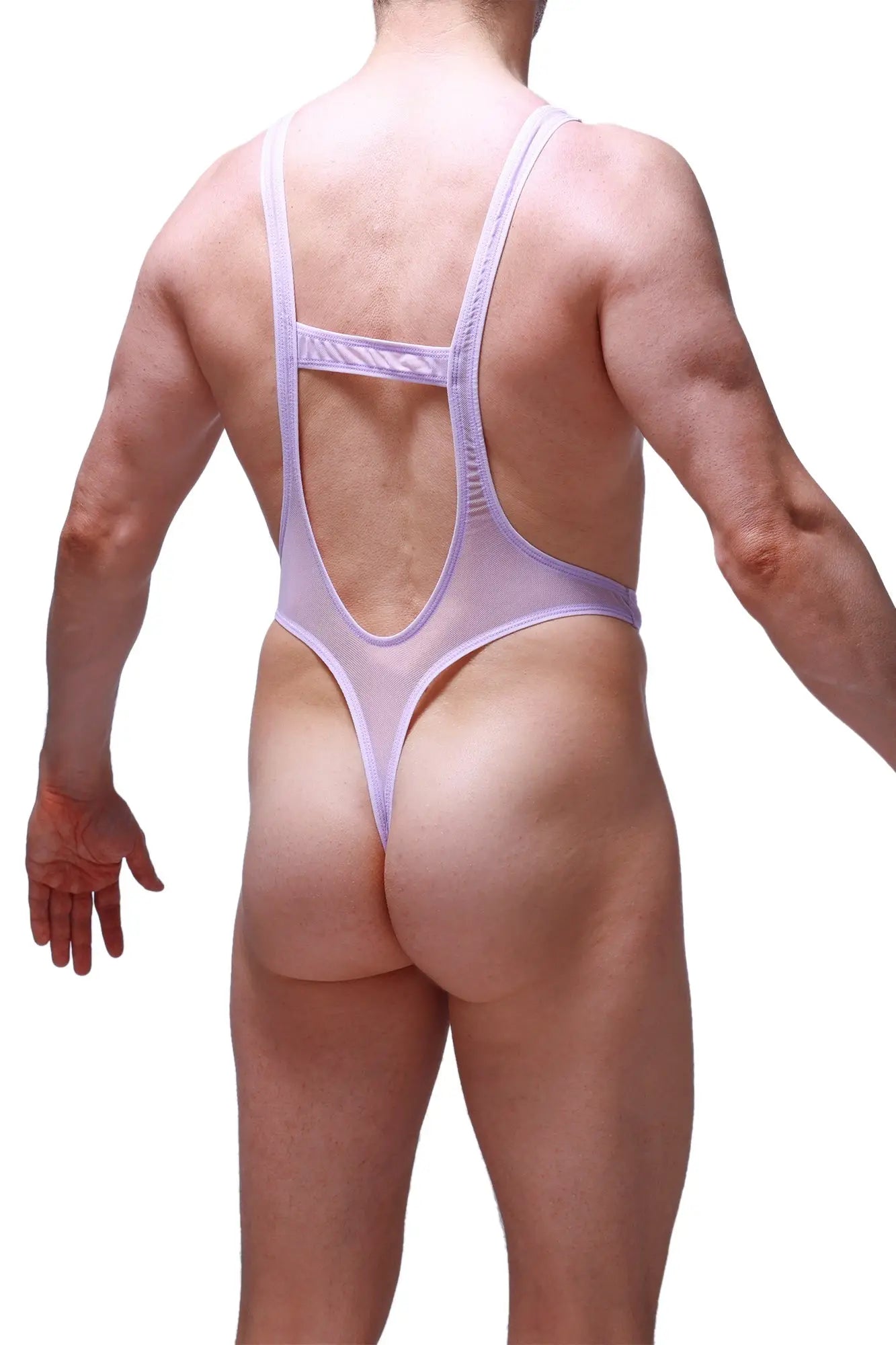 Sheer lavender petiteq bodythong aunou net lilac one-piece swimsuit with cutout back and thin straps shown from back