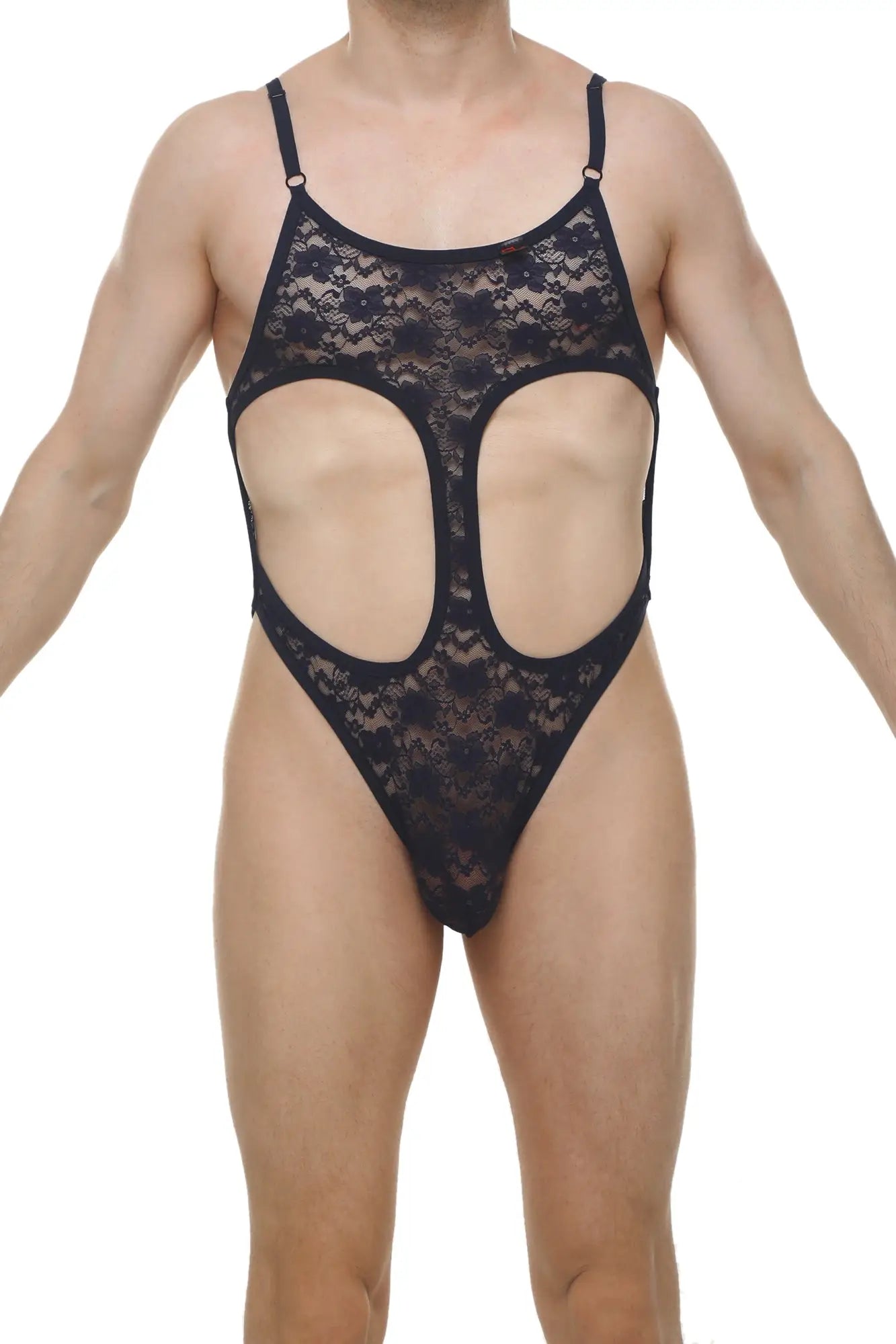 Black lace bodysuit with intricate floral patterns and cut-out design from bodythong campsat lace navy collection