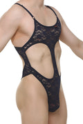 Bodythong Campsat lace navy black lace bodysuit with intricate floral patterns and thin straps front view