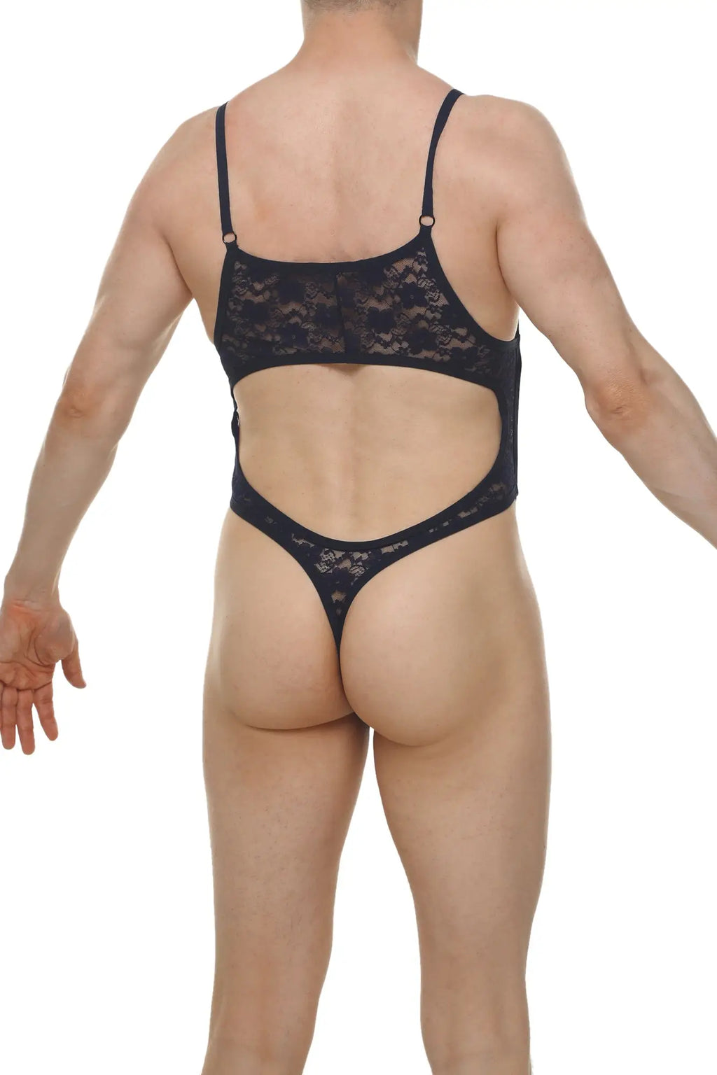 Black lace bodysuit with thin straps and cutout back design shown from the back in navy color