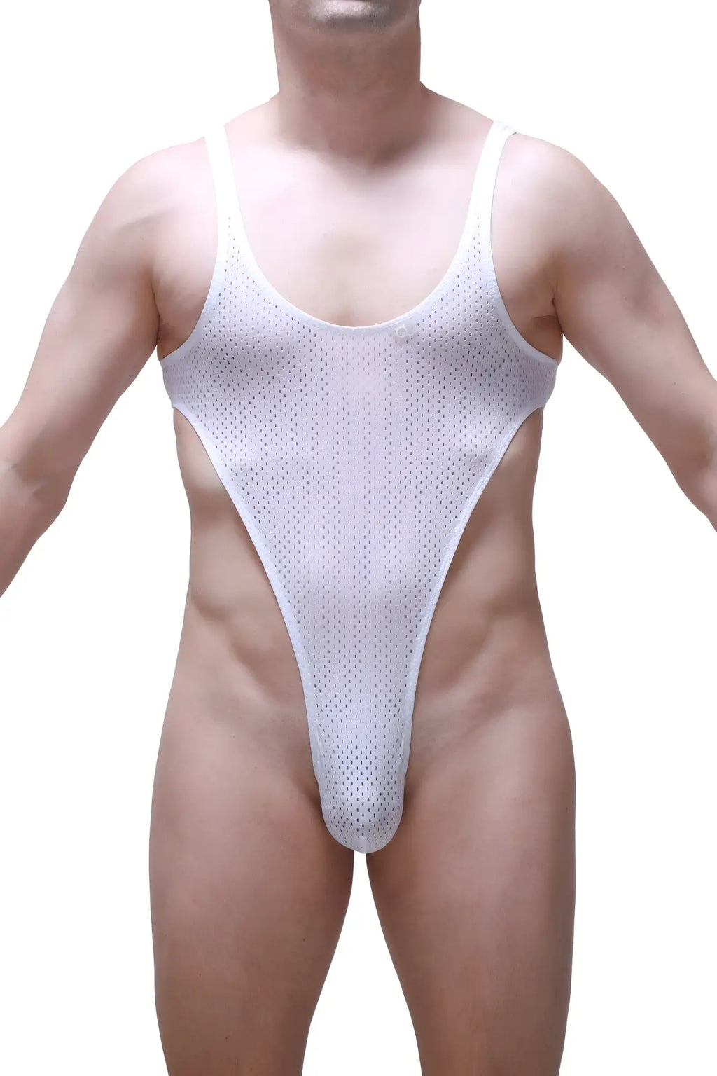 White mesh one-piece swimsuit with high-cut leg design by PetitQ bodythong Carbay Bee White showing front view