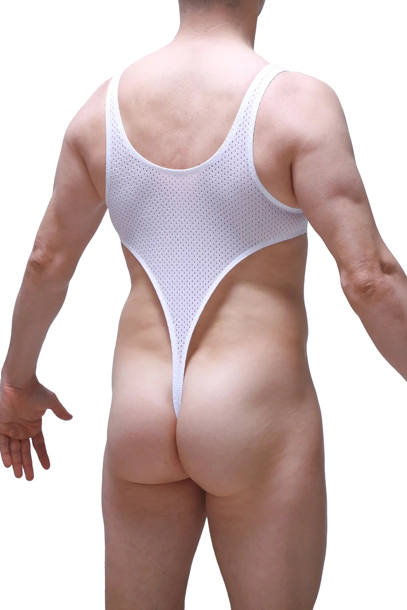 White mesh one-piece swimsuit with plunging back and high-cut legs petitq bodythong carbay bee white back view