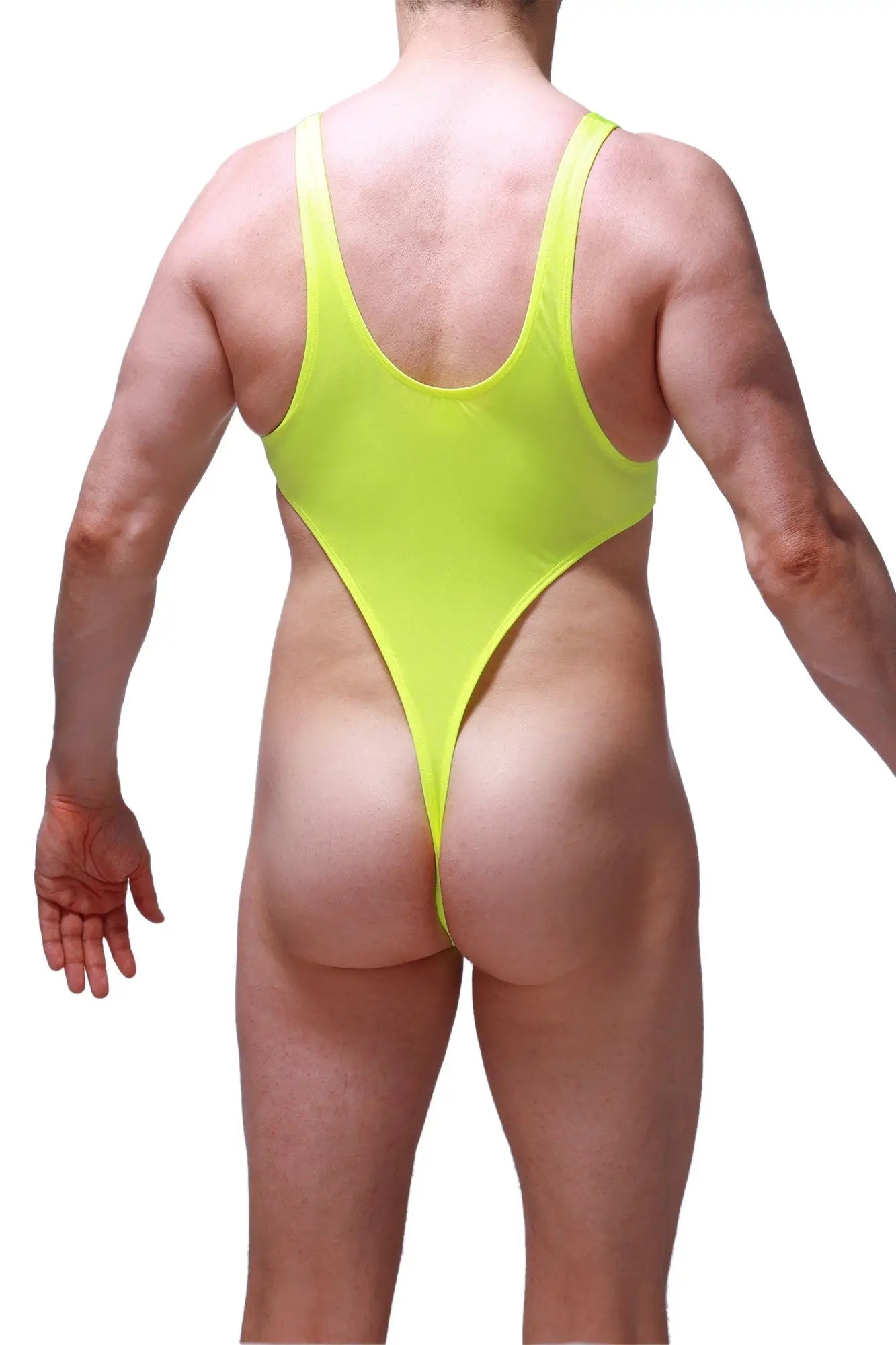 A vibrant neon yellow petitq bodythong carbay joe one-piece swimsuit with high-cut leg and thin shoulder straps