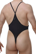 PetitQ bodythong causson macra black black mesh one-piece swimsuit with thin crisscross straps and low-cut back shown