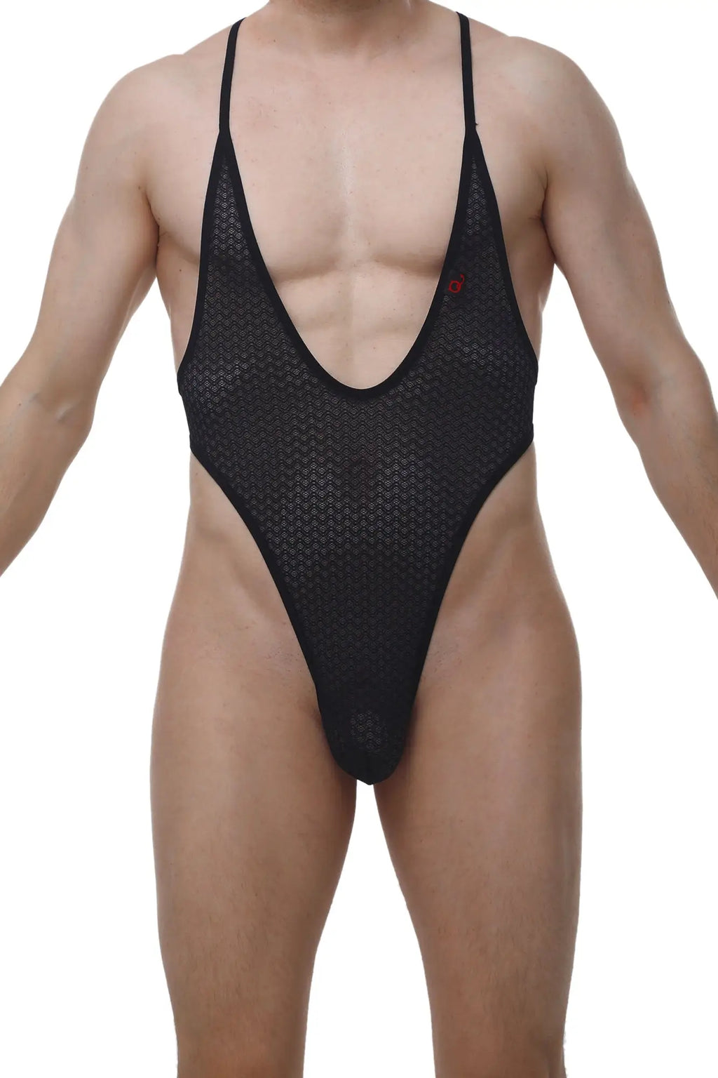 PetitQ bodythong causson macra black one-piece swimsuit in black mesh with thin straps and a deep v-neckline