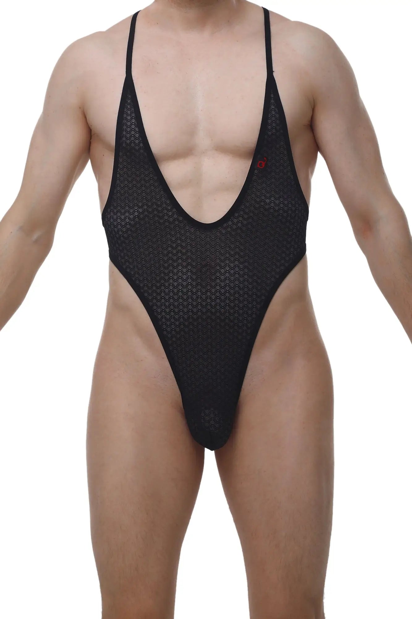 PetitQ bodythong causson macra black one-piece swimsuit in black mesh with thin straps and a deep v-neckline