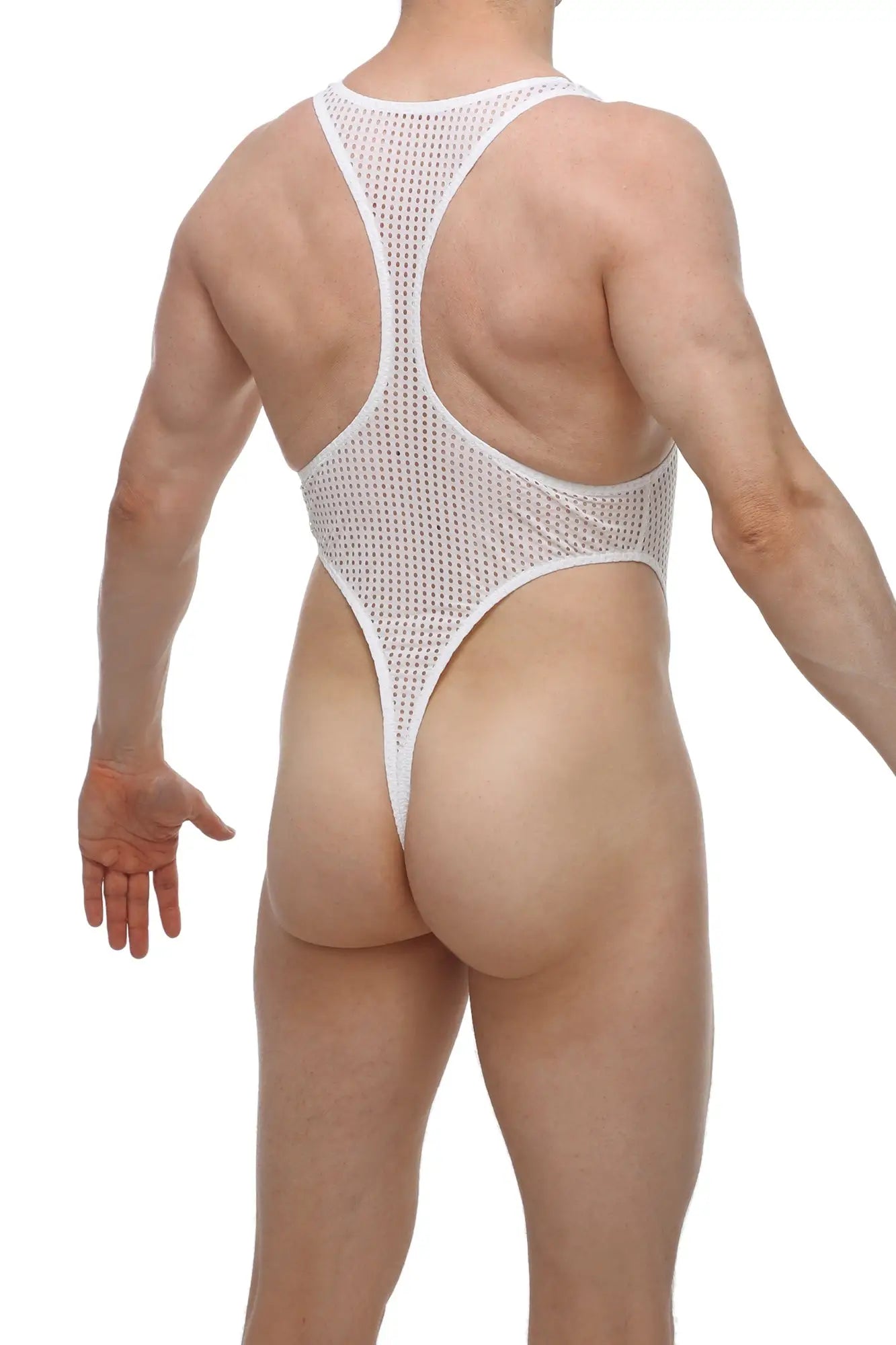 Petitq bodythong journy durtol white mesh one-piece swimsuit with high-cut leg and racerback straps back view