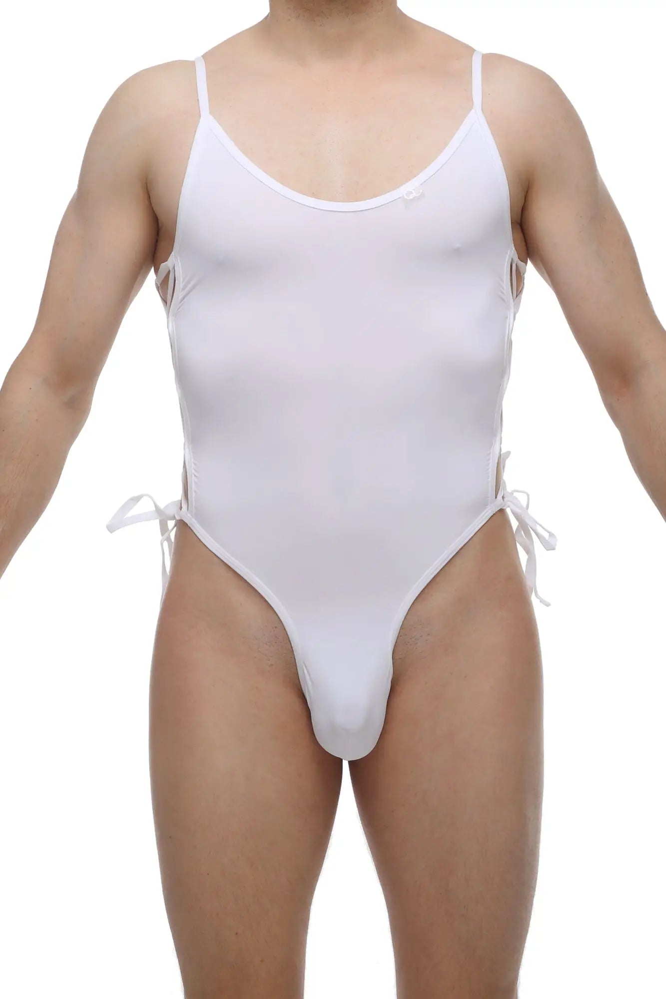 White petitq bodythong lacets one-piece swimsuit with thin spaghetti straps and side ties, form-fitting design