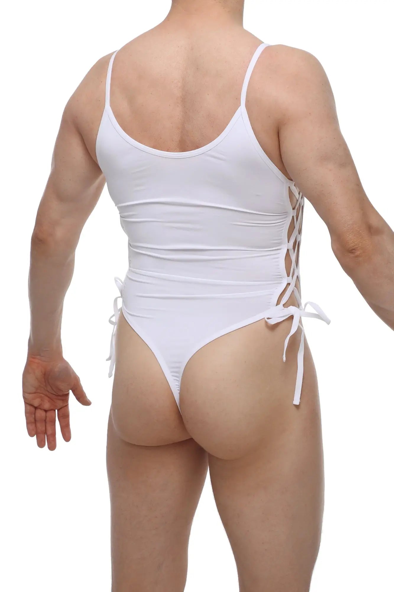 White one-piece swimsuit petitq bodythong lacets with thin straps and lace-up back design shown from the back