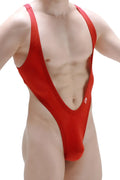 Red mesh one-piece swimsuit with deep v-neckline and high-cut legs from petitq bodythong lepuil bee red collection