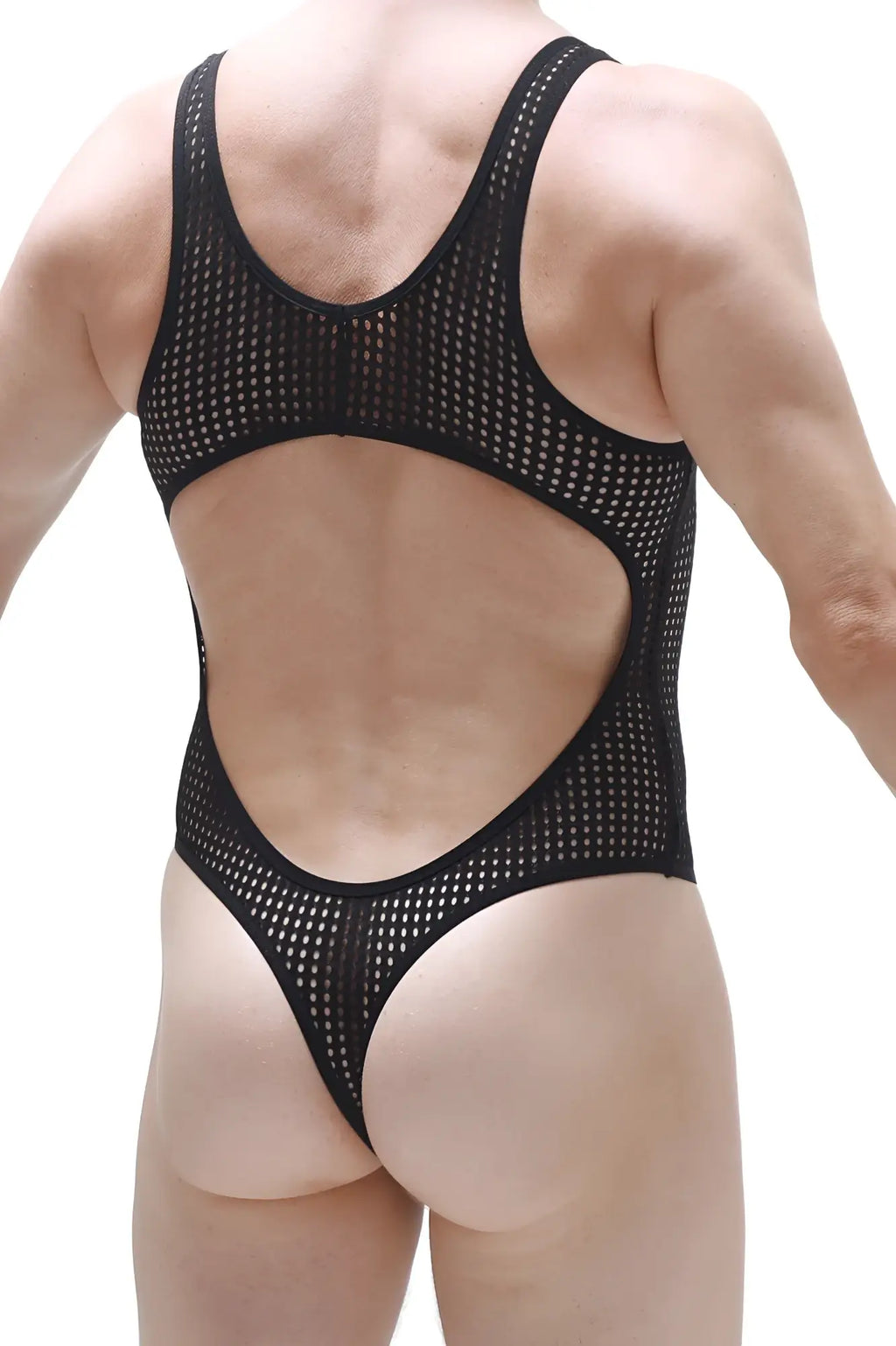 Black mesh one-piece swimsuit with cutout back and thong bottom petitq bodythong nexon durtol black back view