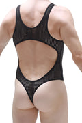 Black mesh one-piece swimsuit with cutout back and thong bottom petitq bodythong nexon durtol black back view
