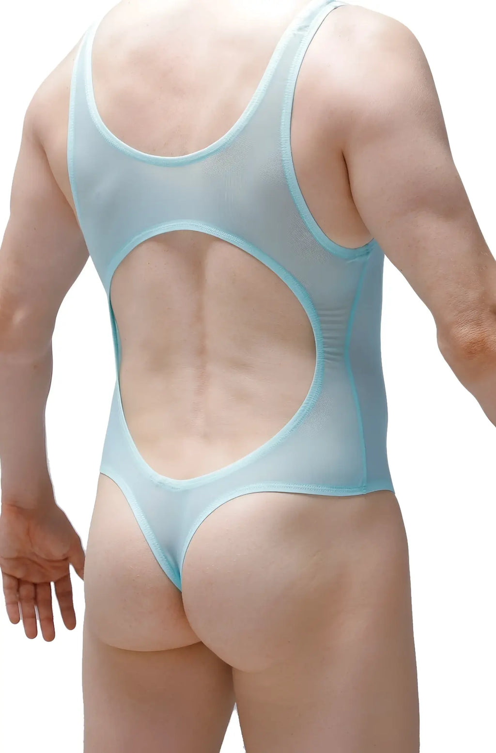 Light blue sheer mesh one-piece swimsuit with large circular back cutout and thin shoulder straps petitq bodythong nexon net green