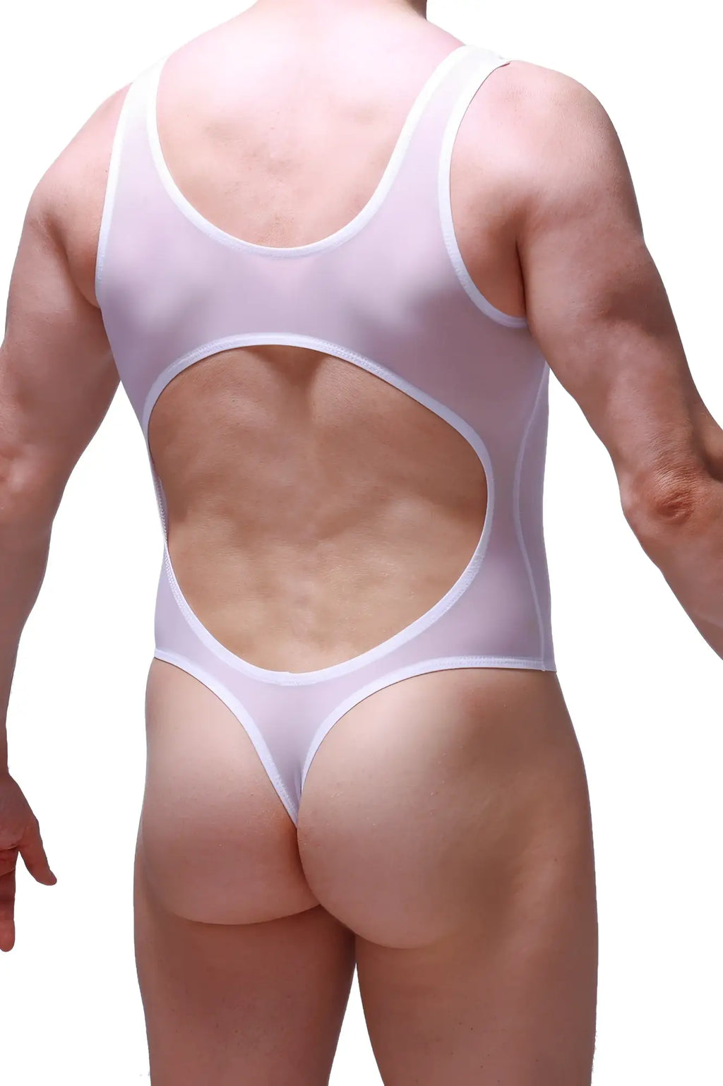 Back view of petitq bodythong nexon net white sheer one-piece swimsuit with large cutout and thin straps