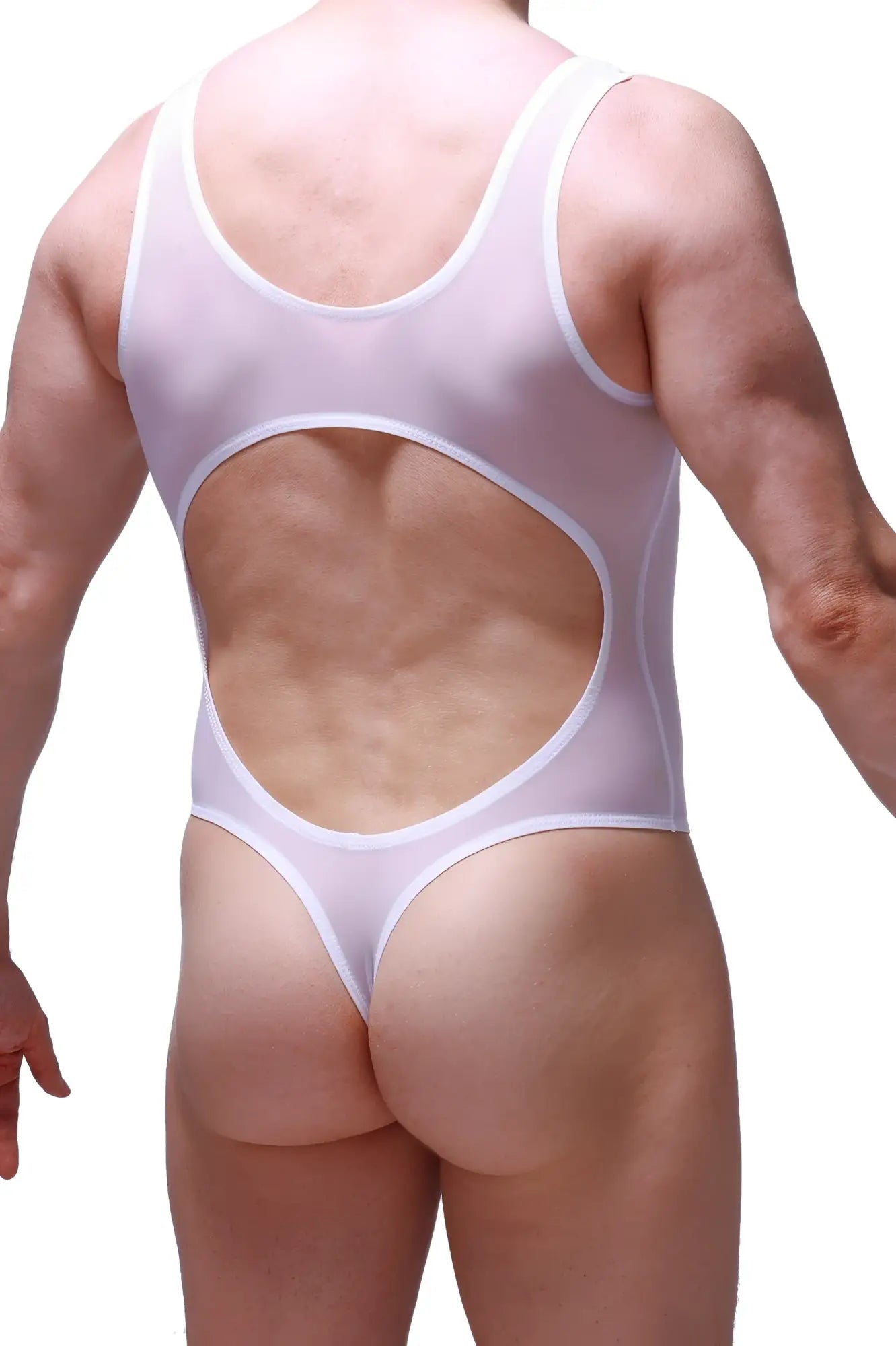 Back view of petitq bodythong nexon net white sheer one-piece swimsuit with large cutout and thin straps