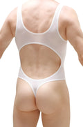White PetitQ Bodythong Nexon Plum one-piece swimsuit with cutout back and thong bottom shown from the back side