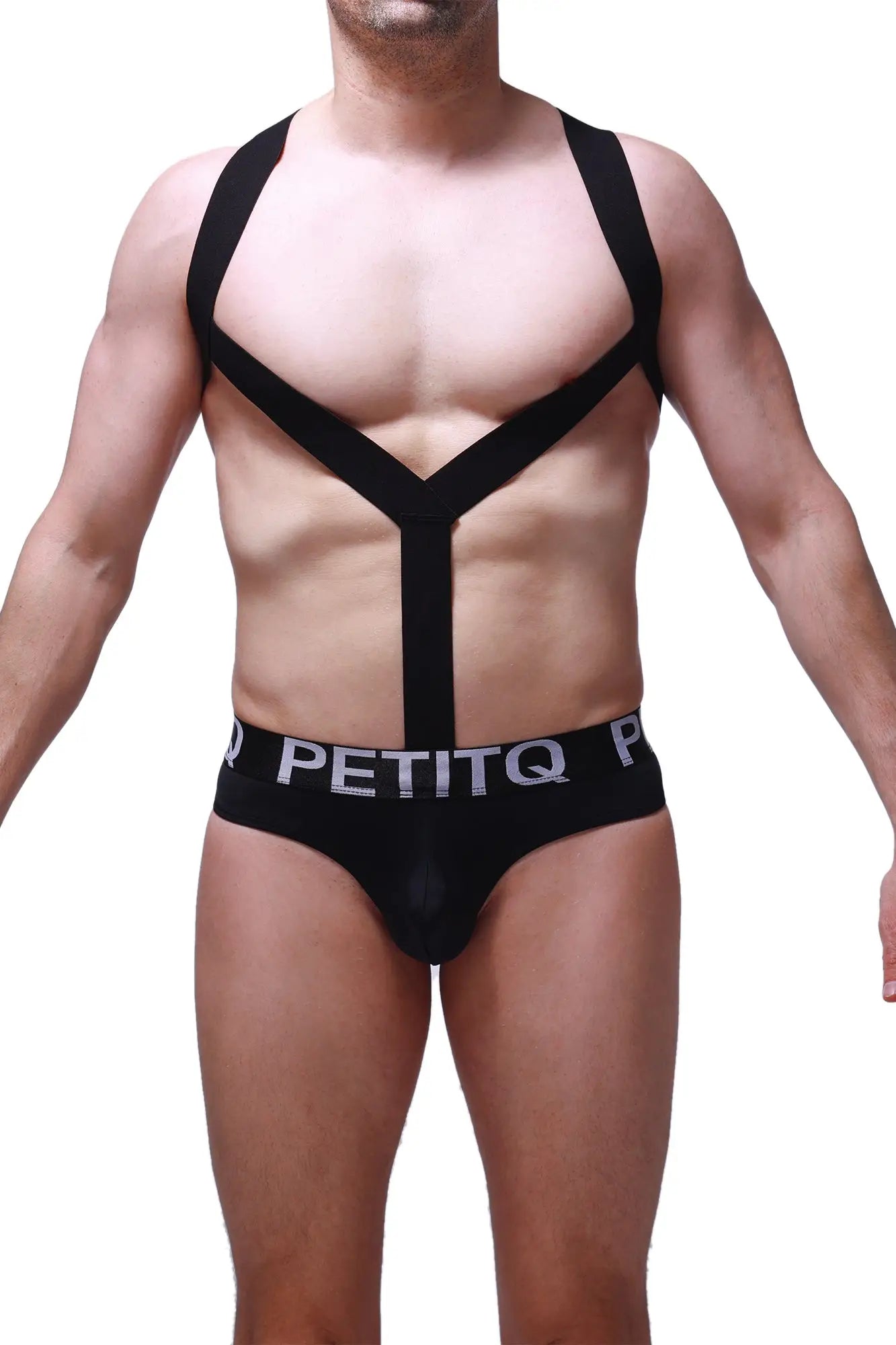 Black petitq bodythong ozel mens harness-style underwear with y-shaped straps and elastic waistband shown from back