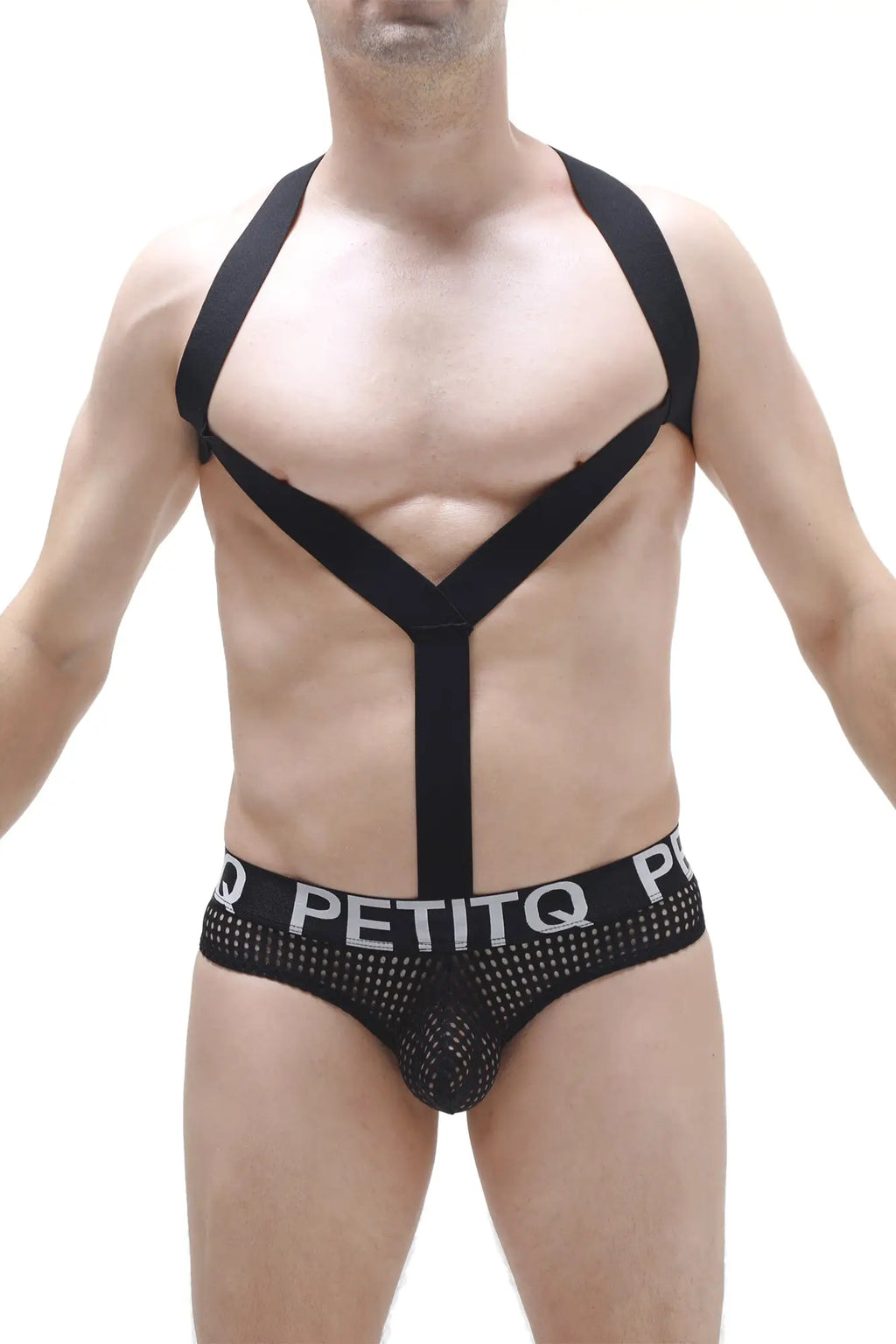 Black mesh petitq bodythong ozel durtol briefs with bold logo band and x-shaped shoulder straps across the chest