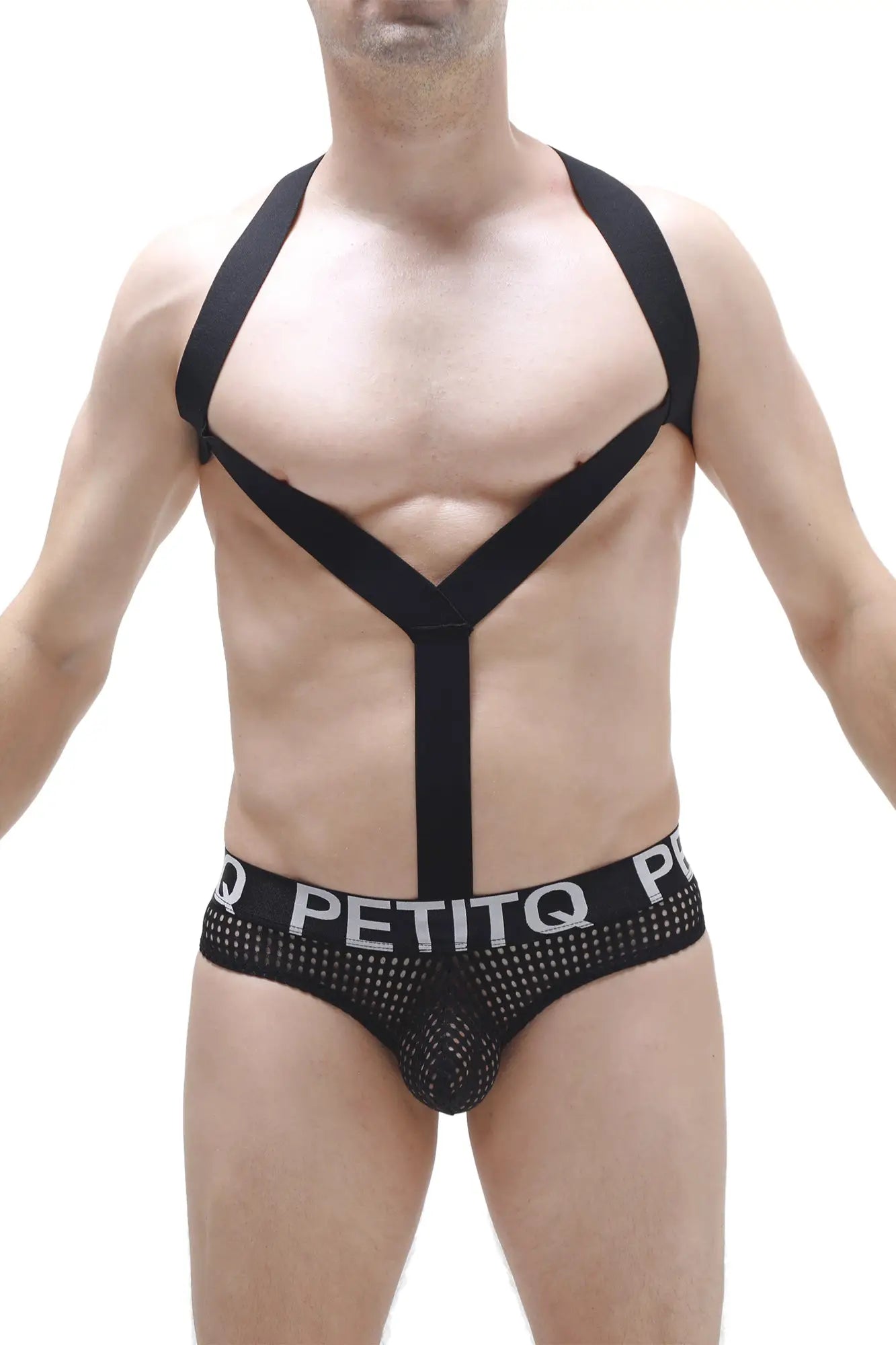 Black mesh petitq bodythong ozel durtol briefs with bold logo band and x-shaped shoulder straps across the chest