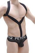 Black mesh petitq bodythong ozel durtol briefs with bold logo band and matching shoulder straps visible from front