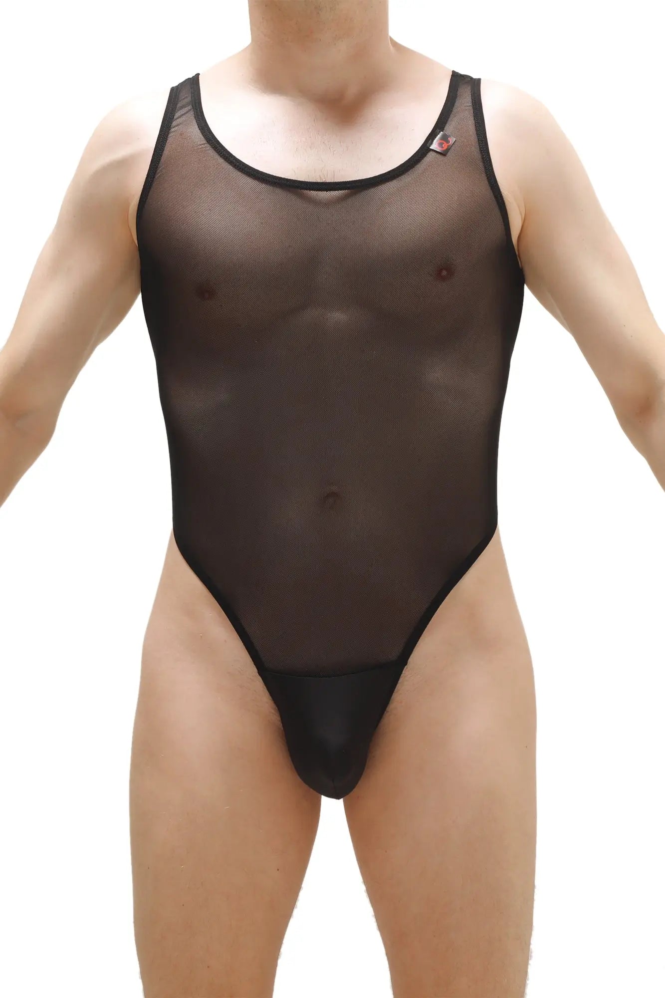 Black sheer mesh one-piece swimsuit with black trim by petitq bodythong pencran in black