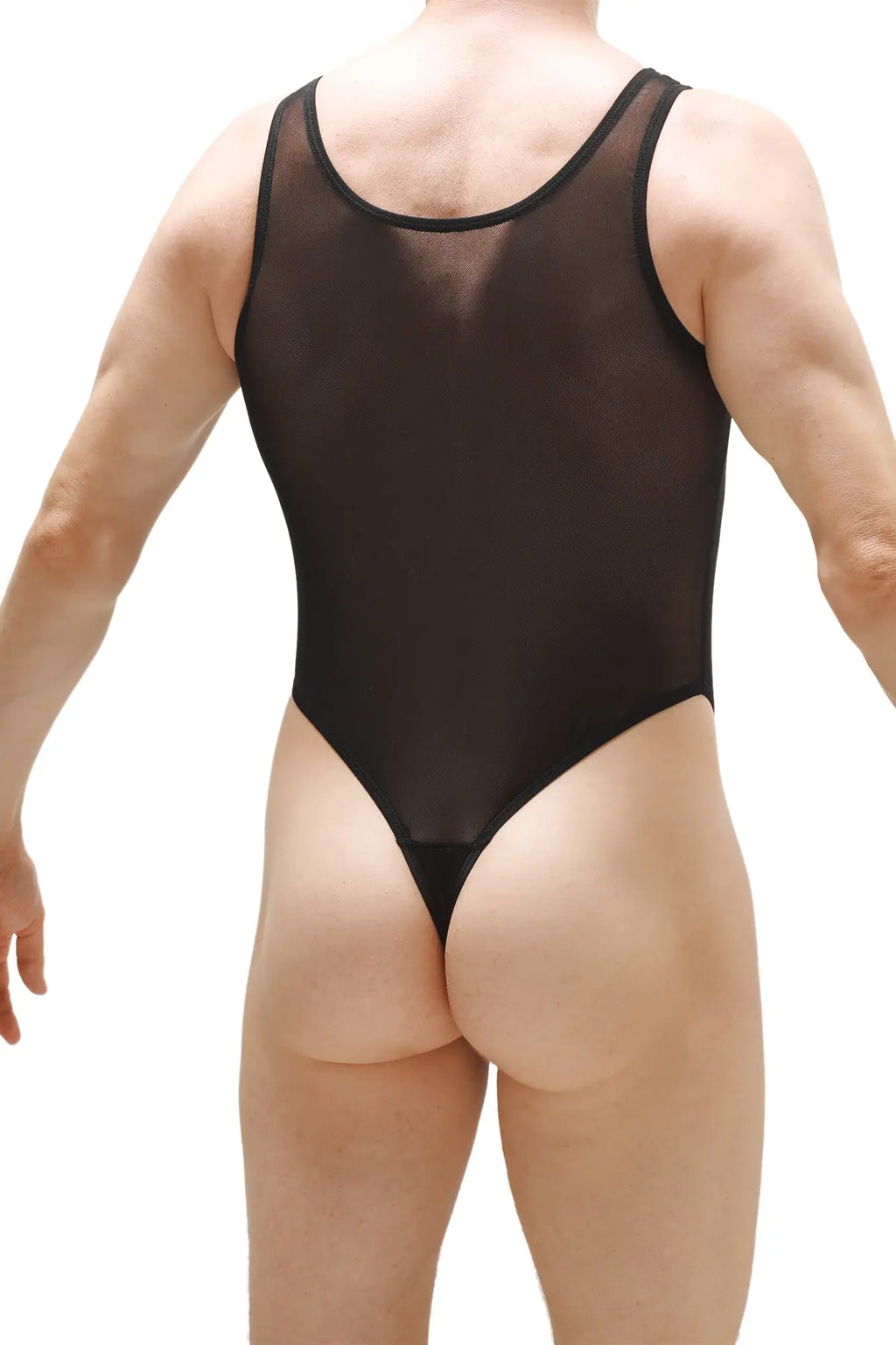 Petitq bodythong pencran black sheer mesh one-piece swimsuit with black trim showing front side