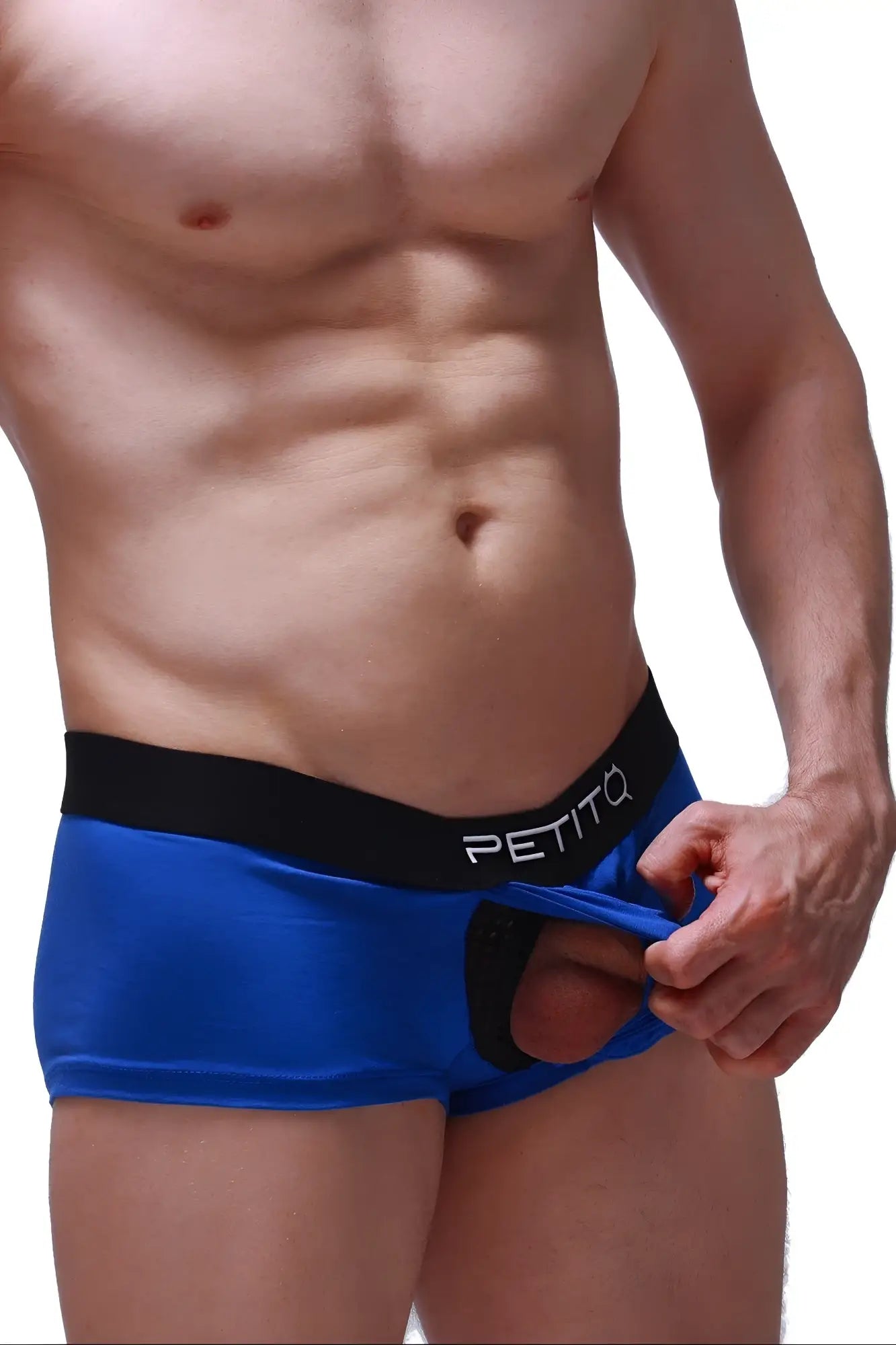 Blue petitq boxer Algun men’s briefs with black waistband and open front design for comfortable wear