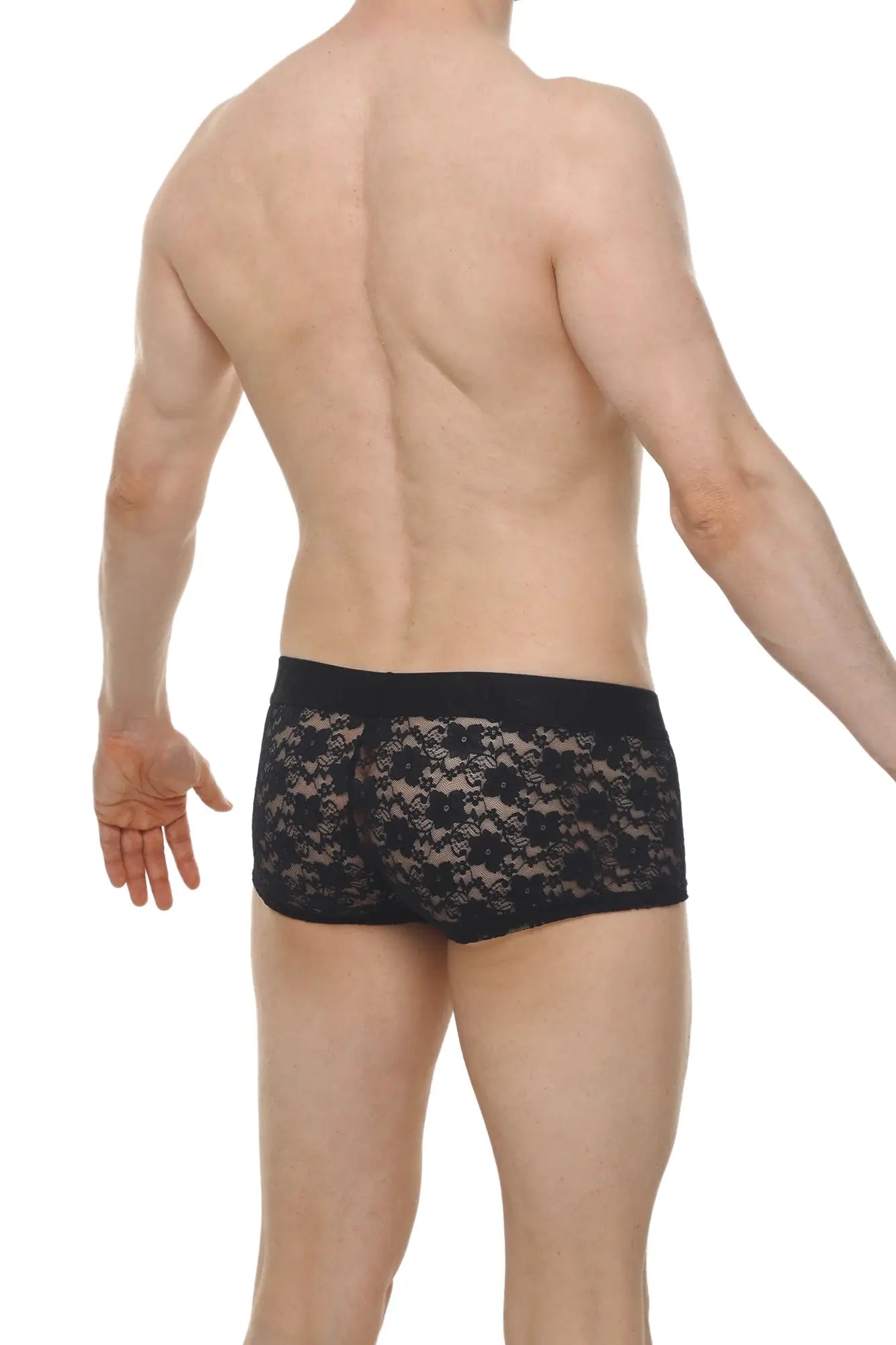 Black lace boxer briefs with solid black waistband from boxer algun lace black collection in front view