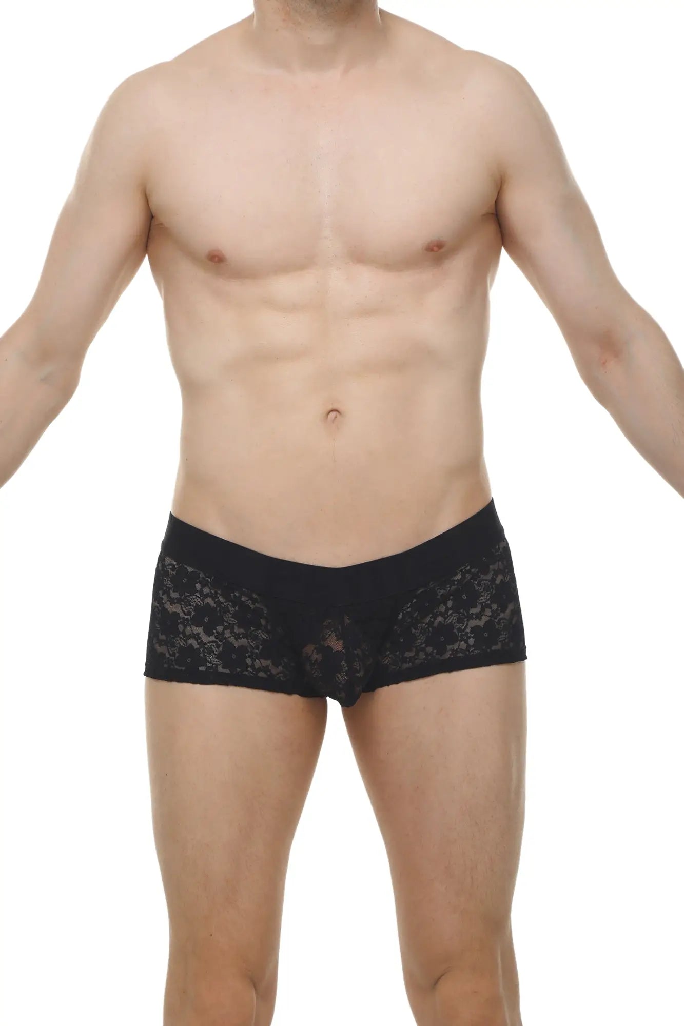 Black lace-trimmed men’s boxer briefs with sheer patterned design called boxer algun lace black