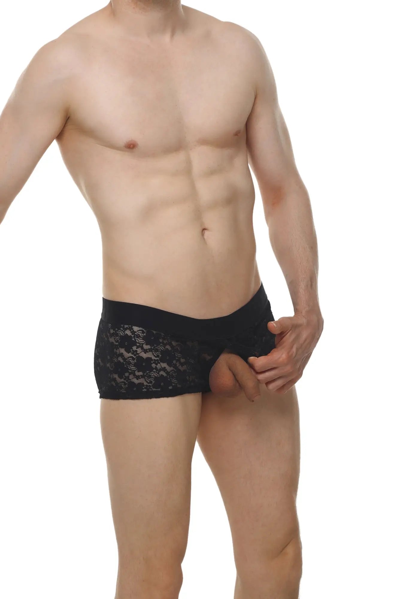 Black lace-trimmed briefs with solid black waistband from boxer algun lace black collection in front view