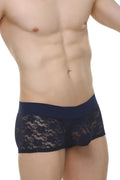 Navy blue lace briefs with a solid waistband from the boxer algun lace navy collection shown from the back side