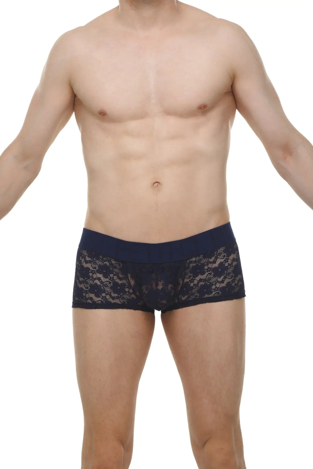 Navy blue lace boxer briefs with solid waistband featuring delicate floral lace design for comfortable wear