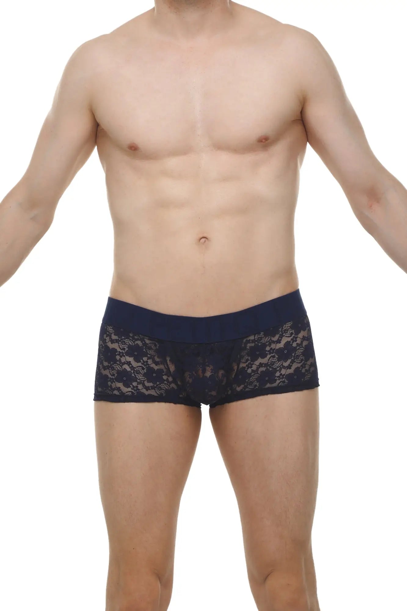Navy blue lace boxer briefs with solid waistband featuring delicate floral lace design for comfortable wear