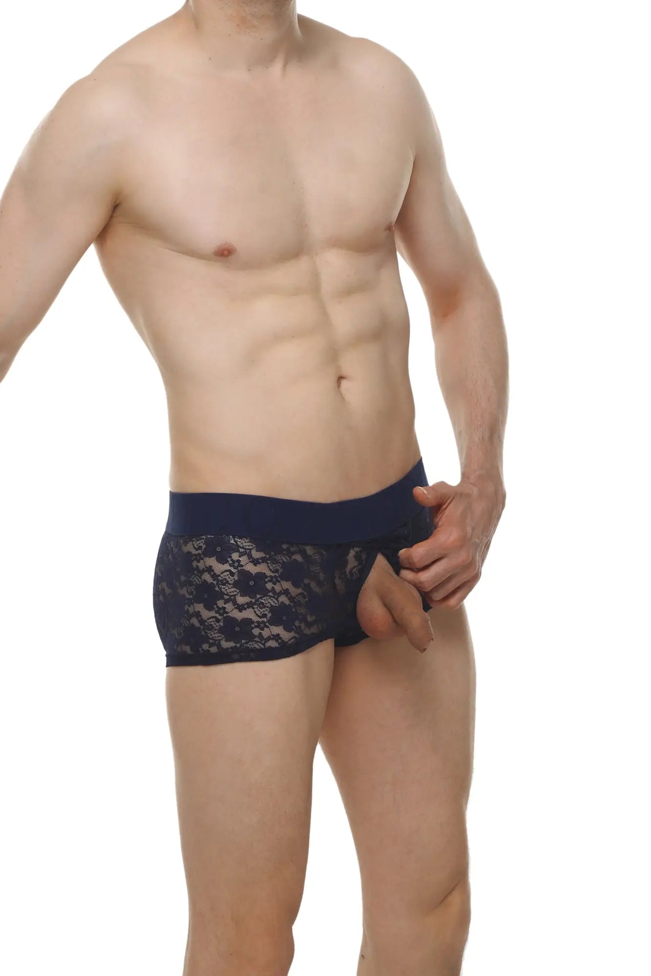Navy blue lace-trimmed briefs with solid waistband boxer algun lace navy front view in lace fabric