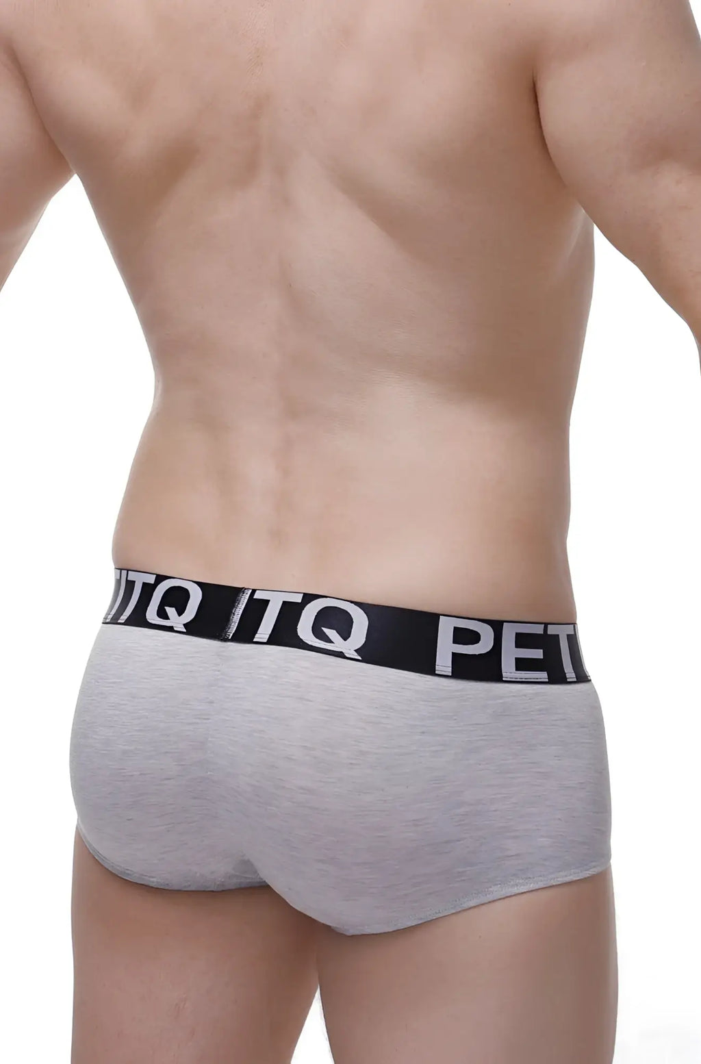 Gray heathered PetitQ boxer Anla modal briefs with black elastic waistband featuring white itq and pet lettering