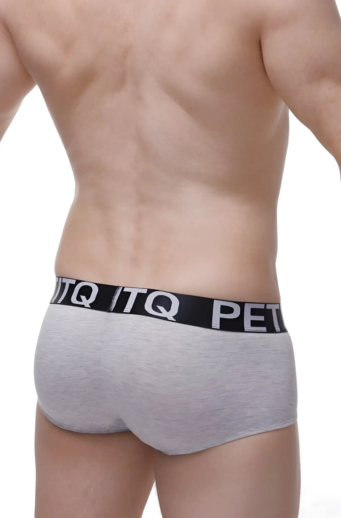 Gray heathered PetitQ boxer Anla modal briefs with black elastic waistband featuring white itq and pet lettering