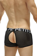 Black mesh boxer briefs with white petitq logo on waistband from petitq anzex durtol black collection